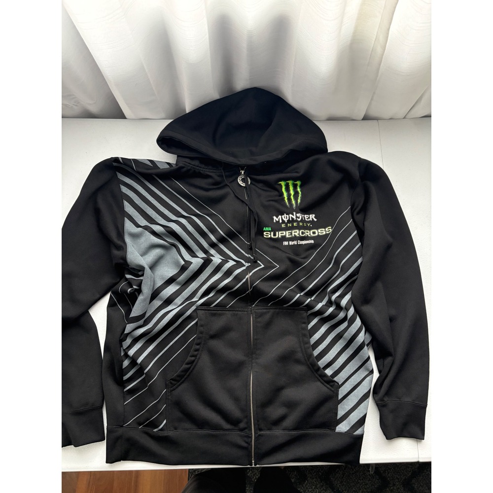Monster Energy AMA Supercross Zip Up Hoodie Mens Large Black Grey Racing Jacket